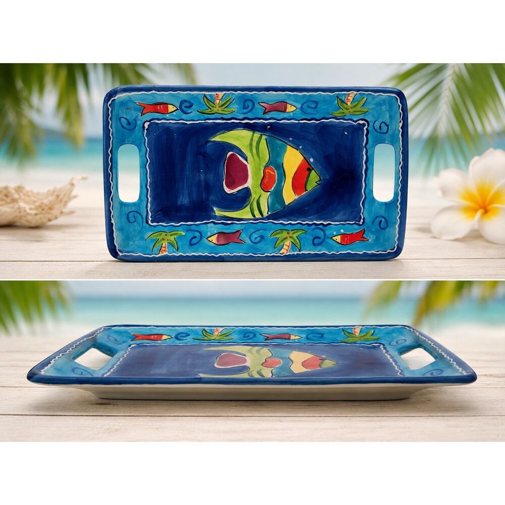 Tropical Fish Ceramic Serving Tray w/ Handles Hand Painted Mary Jane Mitchell